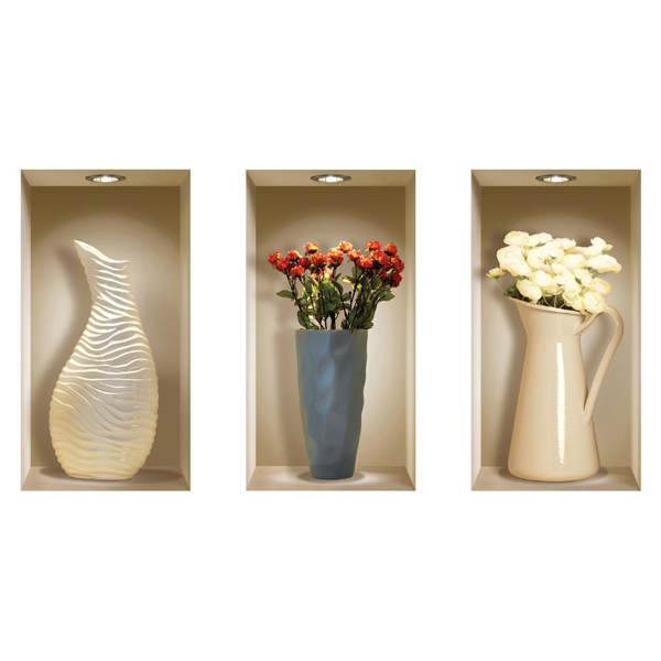 NISHA - Dcoration Stickers Illusion 3D Vases  fleurs 22cmx42cm - Lot de 3