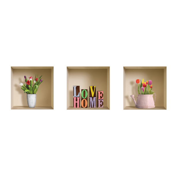 NISHA - Dcoration Stickers Illusion 3D Love Home 32cmx32cm - Lot de 3