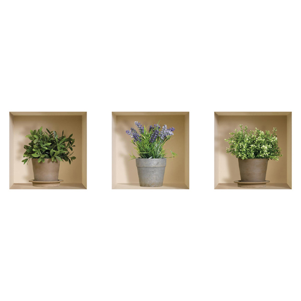 NISHA - Décoration Stickers Illusion 3D Pots de fleurs 32cmx32cm - Lot de 3