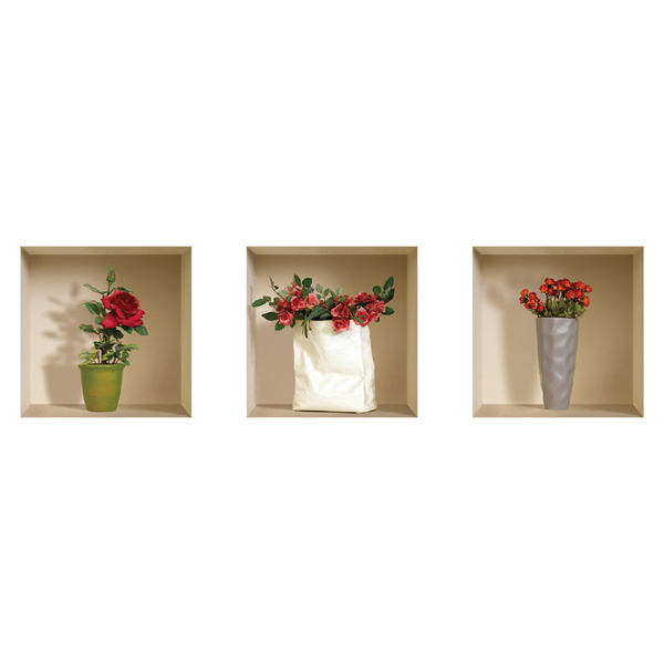 NISHA - Dcoration Stickers Illusion 3D Roses 32cmx32cm - Lot de 3